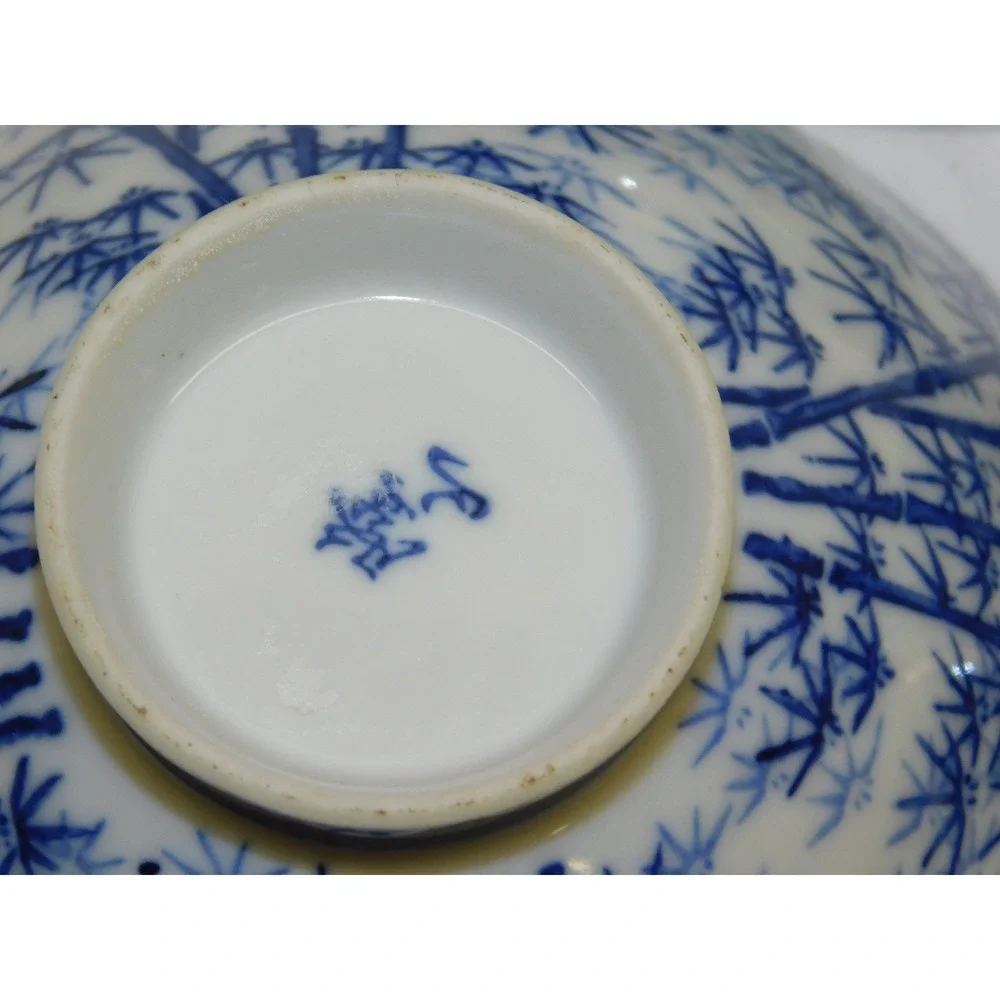 Vintage Japanese Porcelain Footed Rice Bowls Set of 3 Blue & White